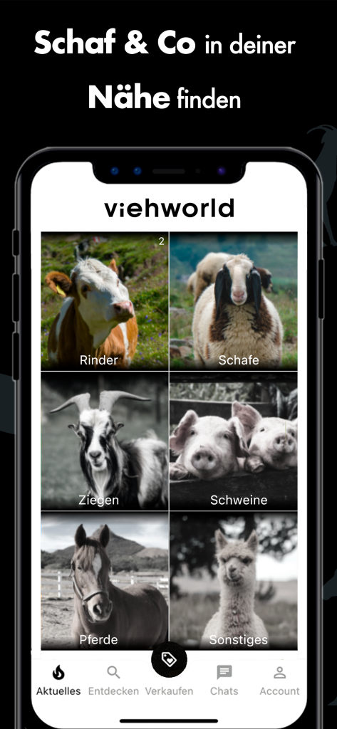 App-Store Darstellung eines Übersichtsscreens in der viehworld-App. Der Screen zeigt alle verfügbaren Tierarten, die in der App erfasst sind.