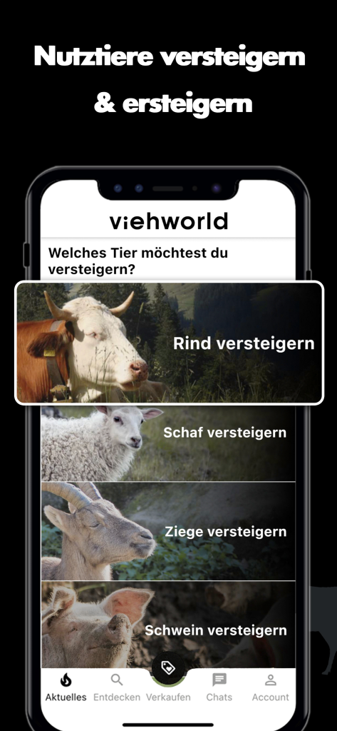 Ein Bild der Smartphone-App mit der Überschrift "Nutztiere versteigern & ersteigern"