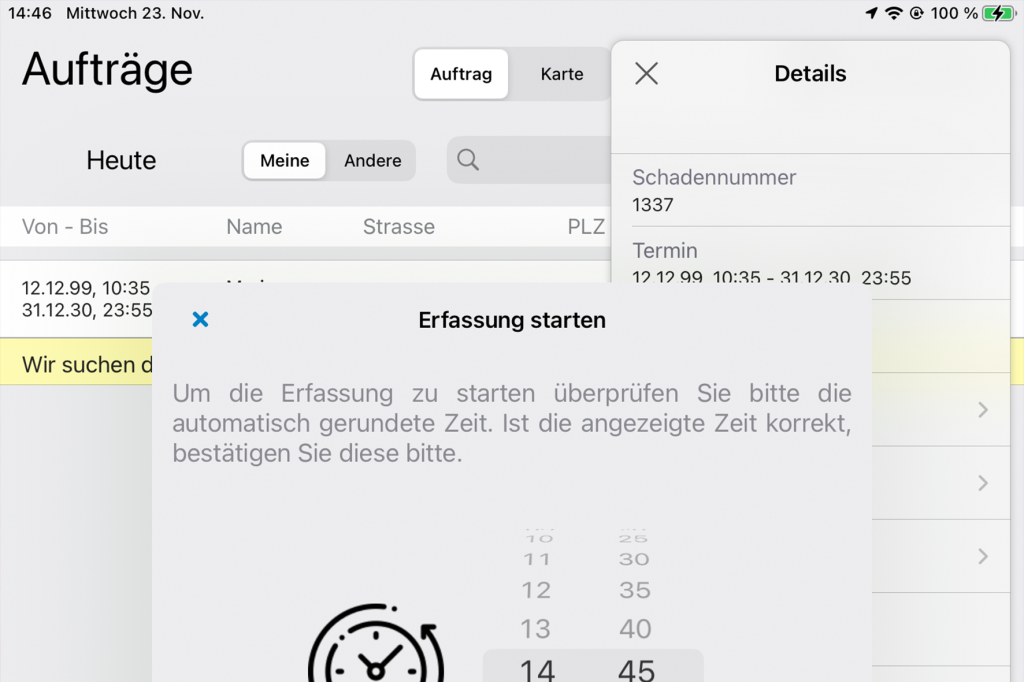 Auftragsscreen mit Zeiterfassung in der Inno.SAN Web-App