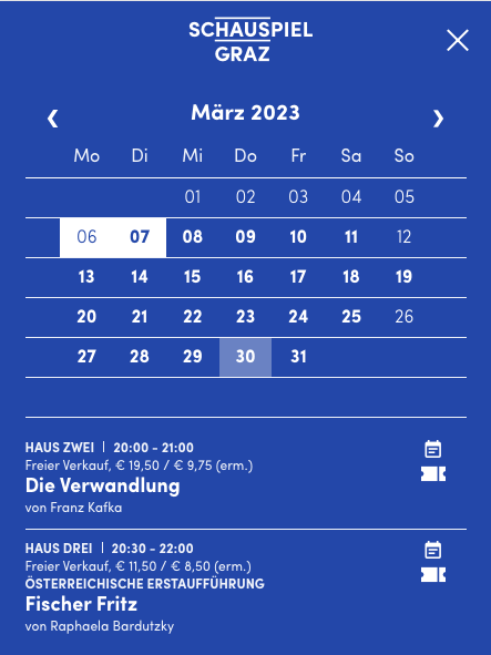 Screenshot des Terminkalenders des Schauspielhaus Graz